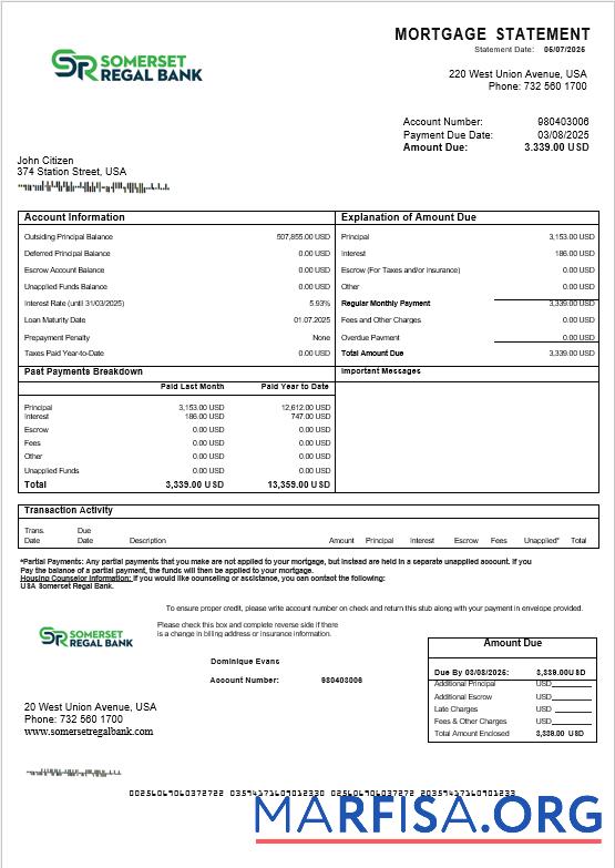 Realistic USA Somerset Regal Bank mortgage statement in Word and PDF formats real example